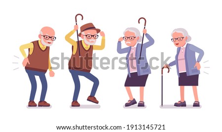 Old angry people, elderly man, woman having back pain. Senior citizens, retired grandparents, old-age pensioners with disabilities. Vector flat style cartoon illustration isolated on white background