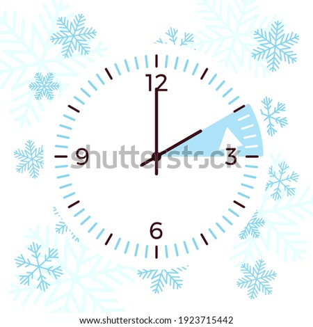 Winter time practice of shifting the clock back. Setting the clocks during cold month. Vector flat style cartoon illustration on white background, beautiful icy and snowflake design