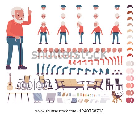 Old man, elderly person construction set. Senior citizen over 65 years, retired bearded grandfather, aged pensioner. Vector illustration, different emotions, skin, hair tones