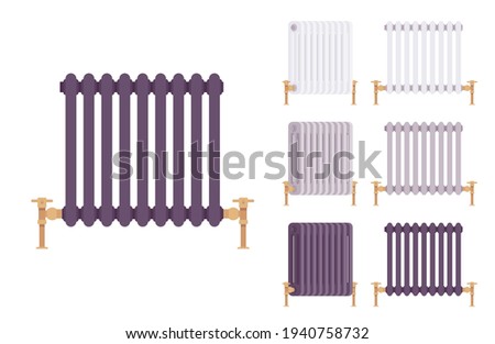 Steam radiator cast iron retro set for heating comfort. Equipment to provide warm heat in house. Vector flat style cartoon illustration isolated on white background, different colors and views