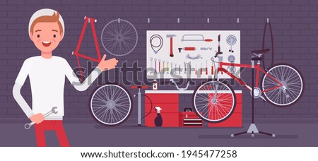 Small scale business-owner, privately owned bicycle workshop. Young man, successful entrepreneur, individual start up project bike care, components, accessories. Vector flat style cartoon illustration