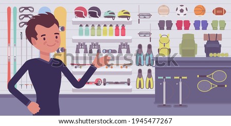 Small scale business-owner, privately owned sporting goods shop. Man, successful entrepreneur, individual start up project of sports gear, equipment, apparel. Vector flat style cartoon illustration