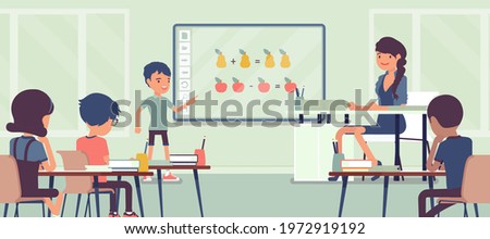 Interactive whiteboard, smart board learning and presentation for school. Boy standing at touchscreen in front of classroom, doing math adding and subtracting. Vector creative stylized illustration