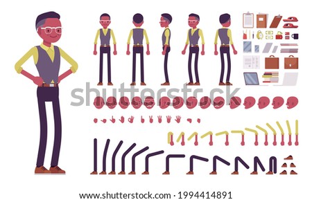 Black businessman, man in formal workwear, office outfit construction set. Manager, young handsome entrepreneur executive, or owner. Vector illustration, different emotions