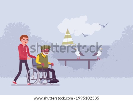 Wheelchair male senior, aged handicapped man outdoor walking with nurse. Volunteer assisting older adult, social support, care in retirement home, sea pansionat. Vector flat style cartoon illustration