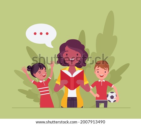 Kindergarten book story reading, black female teacher and children. Preschool classroom read-aloud interesting lesson, little kids learning with fun, pleasure. Vector flat style cartoon illustration