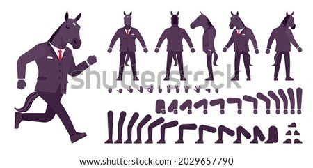 Horse man, large hoofed male animal, human wear construction set. Business person in dark strict suit, strong working office employee. Vector illustration, different gestures