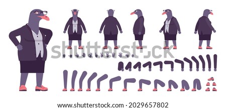 Bird woman, seagull head female pigeon, human wear construction set. Plump rounded person, clumsy dark seabird, wild marine creature. Cartoon flat style infographic illustration, different gestures Stock foto © 