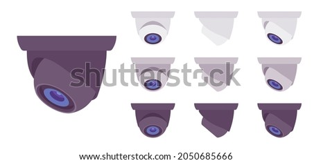 CCTV, closed circuit television equipment set, security surveillance dome camera. Professional video office control, home protection. Vector flat style cartoon illustration, different views and colors