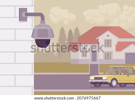 CCTV, PTZ street camera, closed circuit television equipment. Outdoor security optical zoom pan tilt, video surveillance. Home technology, professional control. Vector flat style cartoon illustration