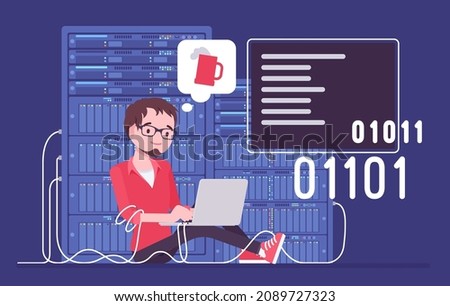 Data center server support service, system administrator busy at work. Male sysadmin, young admin performing test, network infrastructure, programming code. Vector flat style cartoon illustration