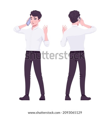 Office boy, modern man standing talking by phone. Handsome male assistant business manager in formal clothes. Vector flat style cartoon illustration isolated on white background, front, rear view ストックフォト © 