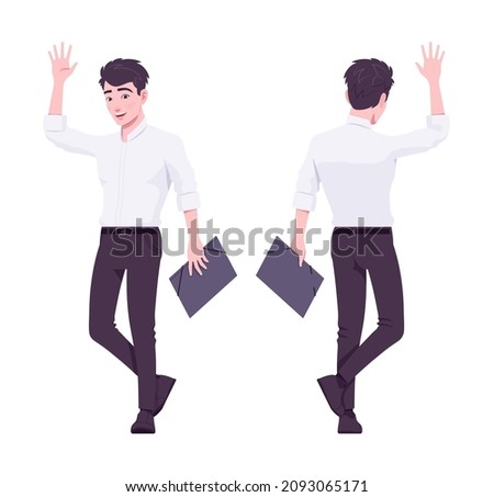Office boy, happy modern man walking greeting. Handsome male assistant business manager in formal clothes. Vector flat style cartoon illustration isolated on white background, front and rear view ストックフォト © 