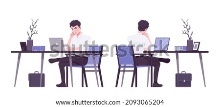Office boy, modern man busy overworked at workplace. Handsome male assistant business manager in formal clothes. Vector flat style cartoon illustration isolated, white background, front, rear view ストックフォト © 