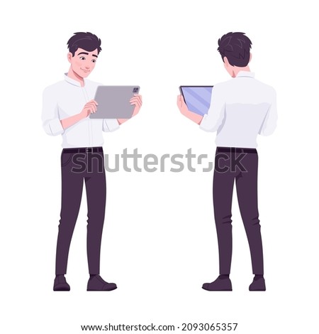 Office boy, modern man standing with horizontal tablet. Handsome male assistant business manager in formal clothes. Vector flat style cartoon illustration isolated, white background, front, rear view ストックフォト © 