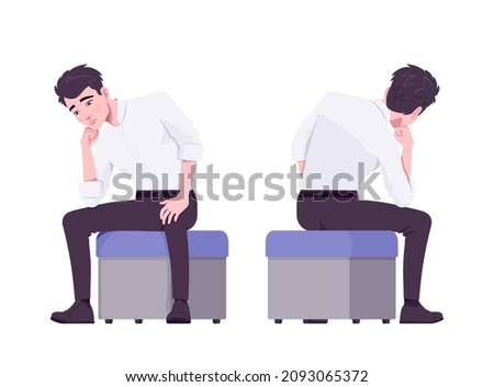 Office boy, modern man sitting troubled on ottoman. Handsome male assistant business manager in formal clothes. Vector flat style cartoon illustration isolated on white background, front, rear view ストックフォト © 