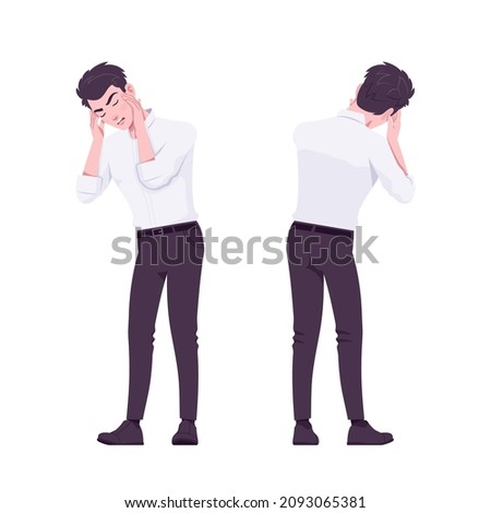 Office boy, modern confident man squeezing head with ache. Handsome male assistant business manager formal clothes. Vector flat style cartoon illustration isolated, white background, front, rear view ストックフォト © 
