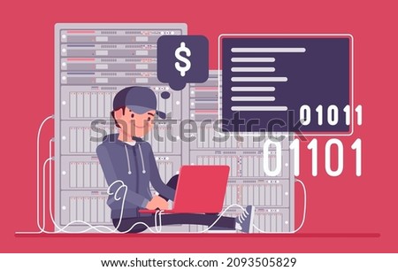 Data center server support service, system administrator busy at work. Sysadmin, admin performing test, network infrastructure, programming code, dollar dream. Vector flat style cartoon illustration