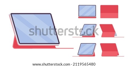 Tablet computer, horizontal mobile computing device, stand folio red case. Office, home, study gadget. Vector flat style cartoon illustration isolated, white background, different views and position