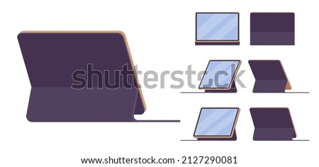 Tablet computer, horizontal mobile computing device, stand folio black case. Office, home, study gadget. Vector flat style cartoon illustration isolated, white background, different views and position