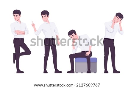 Office worker set, young businessman, male employee feeling negative emotions. Brunette smart boy in formal wear. Vector flat style cartoon character isolated on white background, different poses ストックフォト © 