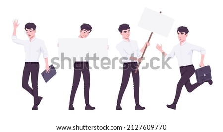 Office worker, young businessman, male employee busy with paper work. Brunette smart boy, manager in formal wear. Vector flat style cartoon character isolated on white background, different poses ストックフォト © 
