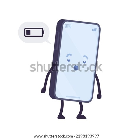 Smartphone cartoon character, low phone battery life. Emotionally down, slow working device, extremely bad and poor energy, containing nothing not filled, lost. Vector flat style illustration