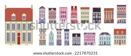 Townhouse, town home, bright terrace house cartoon set. Single family elegant residence, row of attached city dwellings in classical design, vivid multiple floors. Vector flat style illustration
