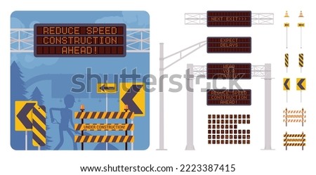 Information board, digital variable road sign construction kit. Changeable banner, electronic traffic dynamic message board, highway matrix display advising travelers. Vector flat style illustration