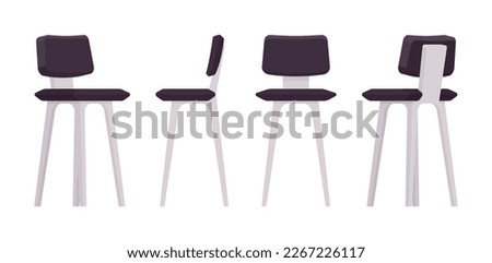 Bar stool tall chair furniture black set, wood height barstool. Cafe, restaurant comfort seat, living room, kitchen interior. Vector flat style cartoon home, office articles isolated, white background