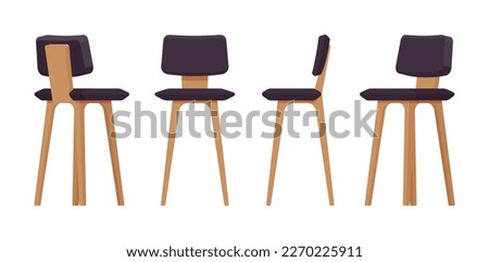 Bar stool, tall chair furniture dark set, wood height barstool. Cafe, restaurant comfort seat, living room, kitchen interior. Vector flat style cartoon home, office articles isolated, white background