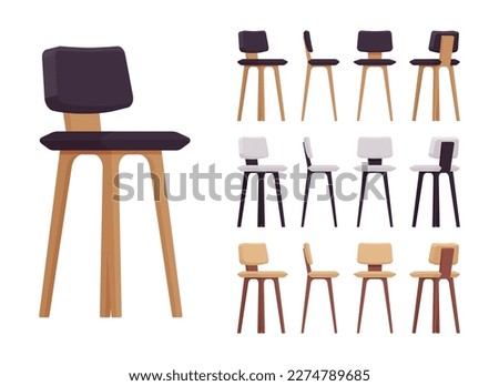 Bar stool, tall chair furniture big set, nice height barstool. Cafe, restaurant comfort seat, living room, kitchen interior. Vector flat style cartoon home, office articles isolated, white background