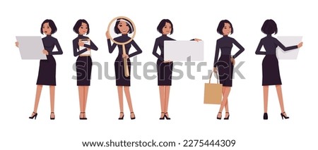 Business woman professional lady set, attractive woman holding items. Office girl, female manager, classic black fit turtleneck, skirt. Vector flat style cartoon character isolated on white background