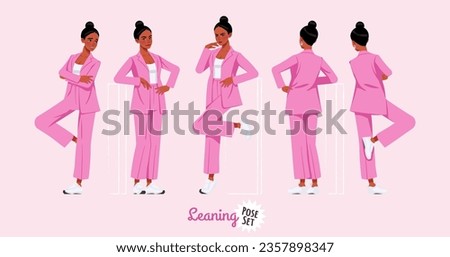 African american woman in pink suit standing leaning pose set. Wide pants, loose fit business casual wear. Fashion, social media, style, beauty and pop culture blogger. Cartoon character illustration