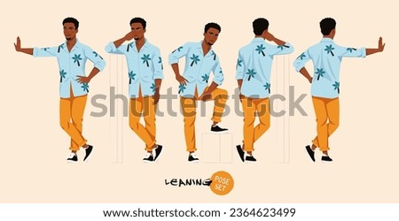African american man in Hawaiian shirt leaning easy pose set. Wide summer party pants, Aloha beach casual colorful wear. Tropical island tourist and travel blogger. Cartoon character illustration
