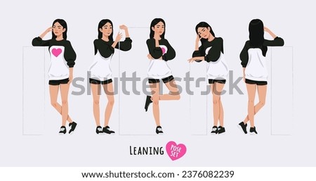Asian girl, korean narrow eye woman standing leaning pose set. Wearing cute outfit, oversized crewneck, loose sweatshirt, long sleeve, shorts. Cool looking teenager. Cartoon character illustration