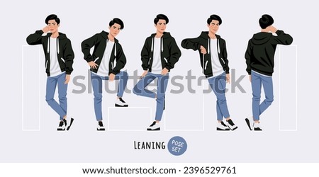 Asian guy, korean narrow eye slim man leaning relax, stand pose set. Wearing cute hoodie, jeans casual outfit. Fashion beauty industry male idol, good-looking K-pop boy. Cartoon character illustration