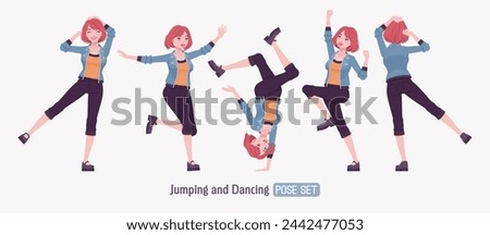 Attractive young woman dance, jump upside down pose. Red choppy bob haircut girl wearing cool jacket, capri pants, Mary Jane clog shoes, youth people streetwear clothing style. Vector illustration