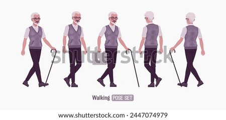 Retired old active senior man set going pose, nice elderly person, handsome grey hair grandfather in classic outfit with walking stick. Elegant white beard and dark moustaches. Vector illustration