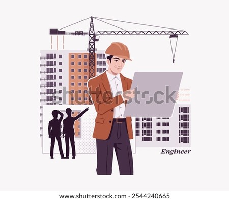 Engineer man in hard hat, architectural agency industry house construction, holding project plan, modern design for art magazine, blog, graphic advertisement, digital social media illustration