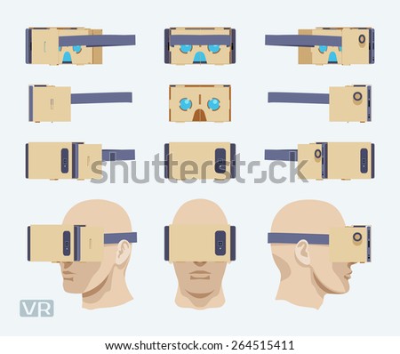 Set of the cardboard virtual reality headsets. The objects are isolated against the white background and shown from different sides 