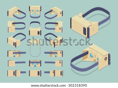 Set of the isometric cardboard virtual reality headsets. The objects are isolated against the gray-blue background and shown from different sides 