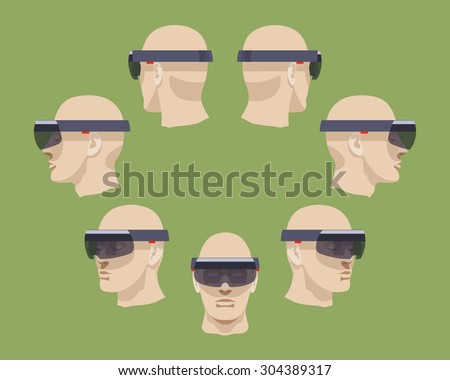 Set of the virtual reality headsets. The objects are isolated against the green background and shown from different sides