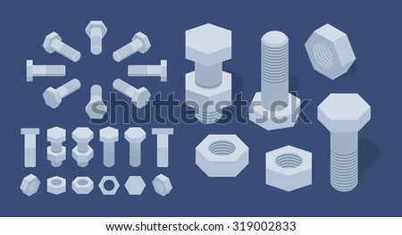 Set of the isometric screw-nuts and bolts. The objects are isolated against the dark-blue background and shown from different sides