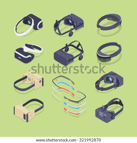 Isometric virtual and augmented reality headsets. The objects are located on the green background and shown from two sides