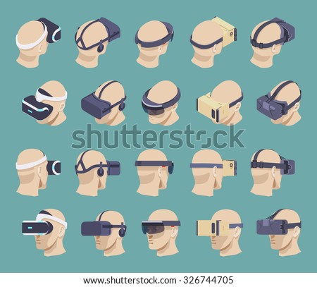 Set of the isometric virtual reality headsets. The objects are isolated against the green background and shown from two sides