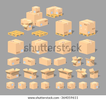 Cardboard boxes and pallets set. 3D lowpoly isometric vector illustration. The set of objects isolated against the grey background and shown from different sides