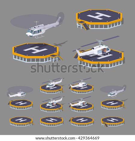 Heli pad. 3D lowpoly isometric vector illustration. The set of objects isolated against the grey background and shown from different sides