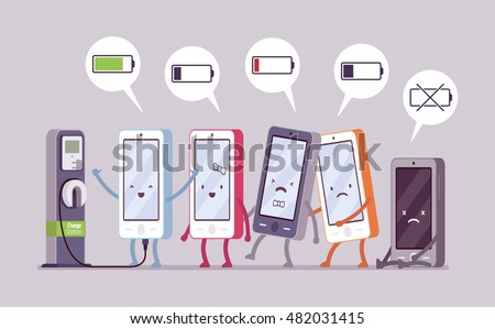 Smartphones are charging near the station in a line, battery status in a cloude. Cartoon vector flat-style concept illustration