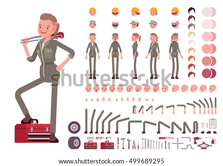 Female mechanic character creation set. Full length, different views, emotions, gestures, isolated against white background. Build your own design. Vector illustration